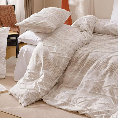Houseri Tufted Comforter Set King Beige Jacquard Bedding Sets