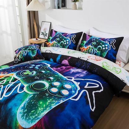 Aimuan Gamer Gaming Bedding Sets 3D Gamepad Comforter Sets for Boys Games Console Action Buttons Novelty Colorful Game Controller Modern Room Decor Home Quilt Set (Black-Green, Full 6Pcs)