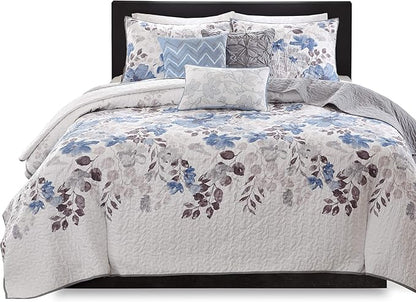 Madison Park Luna Quilt Modern Classic Design All Season, Breathable Coverlet Lightweight Bedding Set, Matching Shams, Decorative Pillow, King/Cal King(104"x94"), Floral Blue 6 Piece