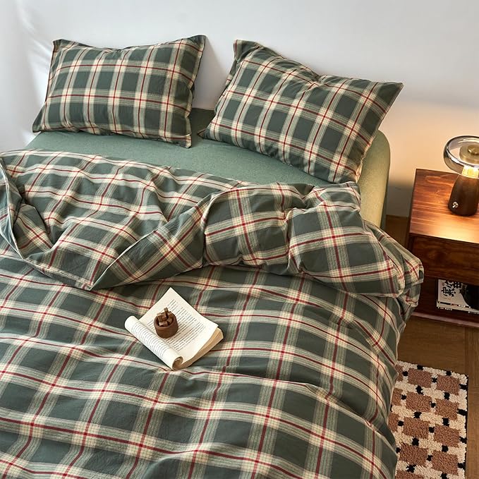 EAVD Vintage Green Buffalo Plaid Comforter Set Full Soft 100% Washed Cotton Retro Green&Red Grid Checkered Bedding Set with 2 Pillowcases Farmhouse Gingham Comforter Set for All-Season