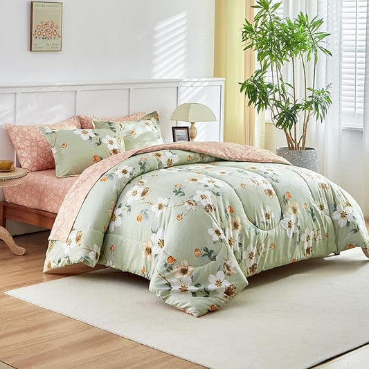 AIKASY 6 Piece Floral Comforter Set Twin Size - Soft Microfiber Bed in a Bag with Sheet Set for All Seasons - Green Flower Botanical Design - Reversible Bedding Set