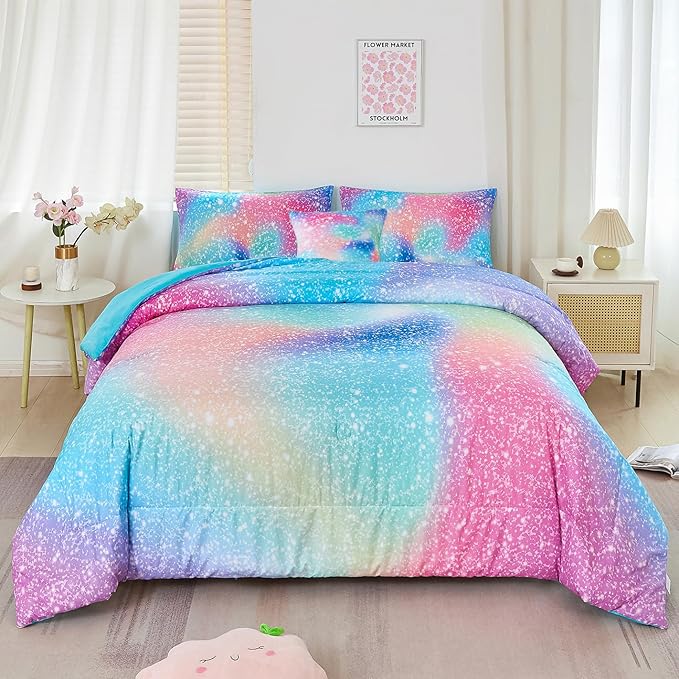 RYNGHIPY Full Girls Comforter Set Colorful Rainbow Bed in A Bag for Girls Kids 6 Piece Ombre Galaxy Glitter Bedding Set
