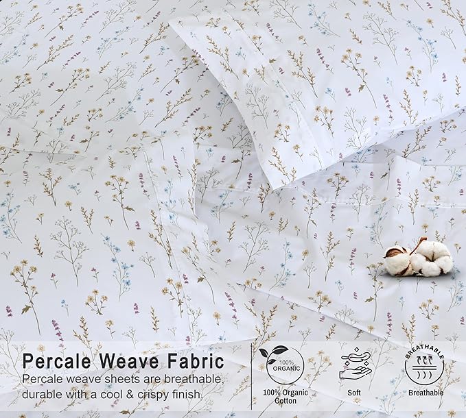 RUVANTI 100% Organic Cotton Sheets Full Size, Percale Weave, GOTS Certified, 4-Piece Set, Deep Pocket 15", Crisp & Breathable, Soft Durable Bedding, Sábanas Algodón Orgánico – Field Flower