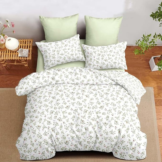 Nayoroom Floral Comforter Set Queen Size Green Botanical Leaf Spring Bedding Set 3 Pieces Soft Lightweight Aesthetic Garden Comforter for All Seasons