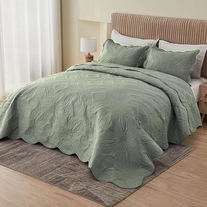 Kingnex Oversized King Bedspreads 128x120 for Extra Wide Tall King or Cal King Bed Ultrasonic Quilted Coverlet Set 3 Piece Include 1 Quilt 2 Pillowcases Sage