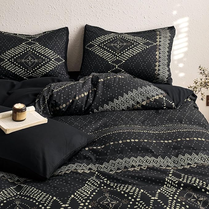 Wake In Cloud - Boho Comforter Set, Farmhouse Bohemian Western Aztec Neutral Aesthetic, Soft Lightweight Bedding, 3 Pieces, Charcoal Black, King Size