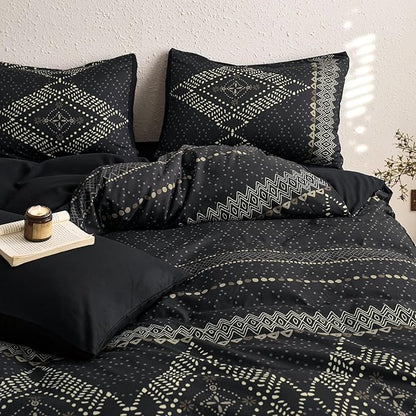 Wake In Cloud - Boho Comforter Set, Farmhouse Bohemian Western Aztec Neutral Aesthetic, Soft Lightweight Bedding, 3 Pieces, Charcoal Black, Queen Size