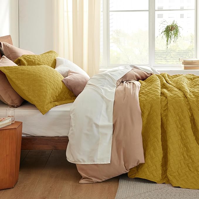 Bedsure Quilts Queen Size - Lightweight Bedspreads Queen Size with Basket Weave Pattern, Soft Quilt Bedding Set, Mustard Yellow Comforter Set Coverlet for All Seasons with 2 Pillow Shams (90" x 96") | Skin-Friendly Soft, All-Season Comfort, Breathable,...