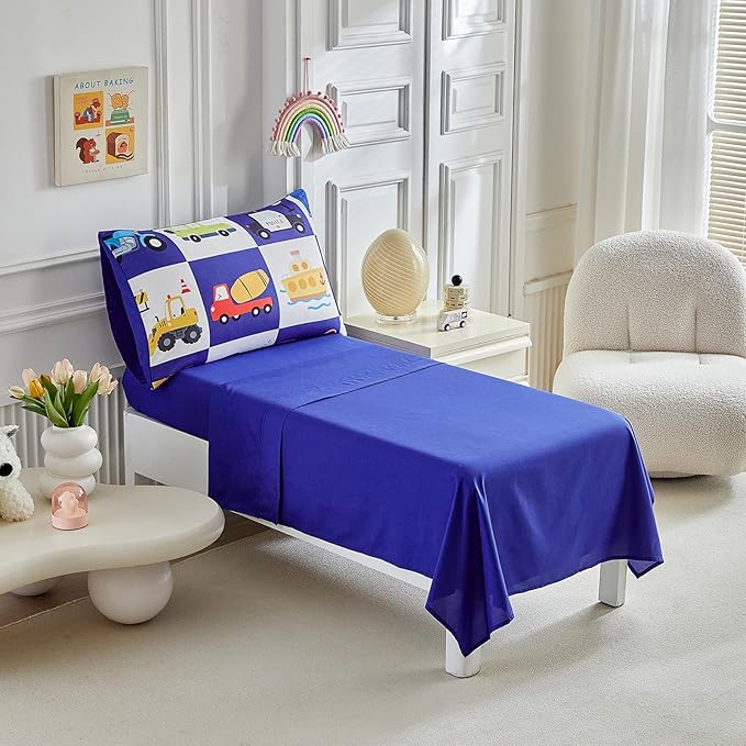 White Navy Toddler Bedding Set for Boys Girls Colorful Cars Vehicle Auto Fire Engine Bulldozer 4PC Toddler Bed Set - Soft Cute Toddler Plaid Patchwork Bed in a Bag with Sheet Set and Pillow Shams