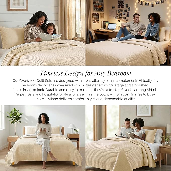 Southshore Fine Living, Inc. Quilts, Full/Queen Size Quilt Bedding Set, Easy Care Stain & Pet Hair Resistant Bedding, Coverlet Queen Size/Full Size Beige Bedspread with 2 Pillow Shams, Soft Sand