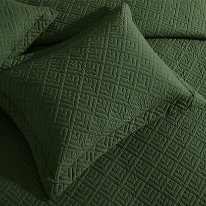 EXQ Home Quilt Set Twin Size Olive Green 2 Piece,Lightweight Soft Coverlet Modern Style Squares Pattern Bedspread Set(1 Quilt,1 Pillow Sham)