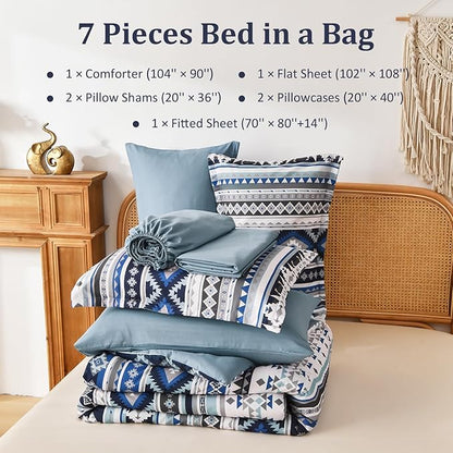 Dinjoy Boho King Size Bed in A Bag 7 Pieces,Navy Blue Comforter Set Aztec Striped Fall Bedding Set Bohemian Complete Set Geometric Comforters for Women Men 90"×104"