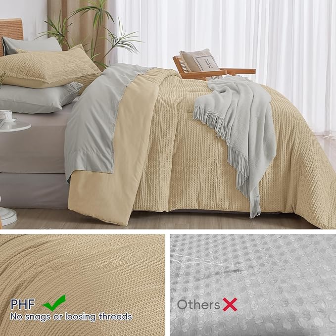 PHF Soft Waffle Comforter Set Queen Size- Comfy Breathable Waffle Weave Comforter with 2 Pillow Shams, 3 Pieces Less Snagging Lightweight Textured Bedding Set for All Season, Light Khaki