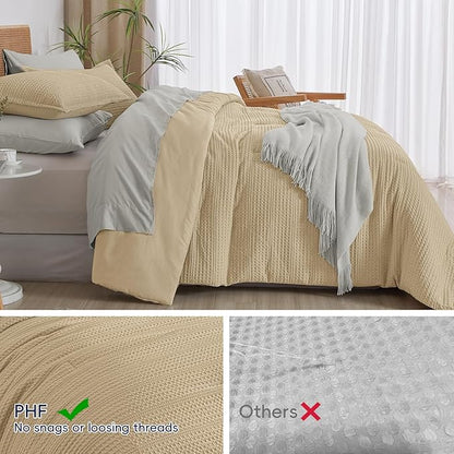 PHF Soft Waffle Comforter Set Queen Size- Comfy Breathable Waffle Weave Comforter with 2 Pillow Shams, 3 Pieces Less Snagging Lightweight Textured Bedding Set for All Season, Light Khaki