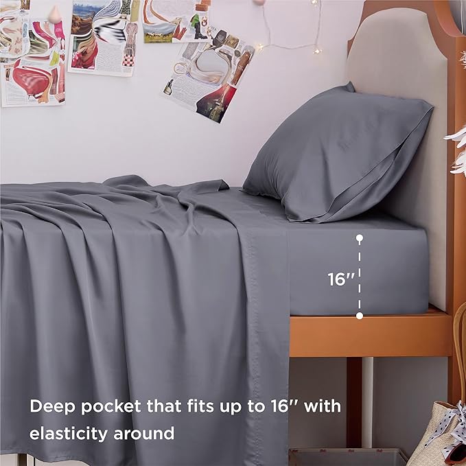 Bedsure Cooling Sheets Twin XL, Rayon Derived from Bamboo, PureWoven, Breathable & Soft Twin XL Sheet Sets, Deep Pocket Up to 16", Hotel Luxury Silky Dorm Bedding for Hot Sleepers, Dark Grey