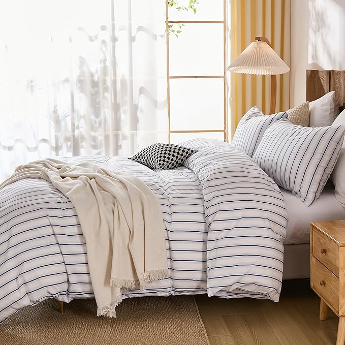 Merryword 100% Cotton Duvet Cover Set King Size, Blue and White Stripe Bedding Set, Soft Breathable Natural Cotton Duvet Cover with Pillowcases, Modern Coastal Style Bedding Set for All Seasons