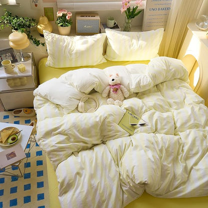 EAVD Yellow and White Vertical Striped Duvet Cover King Soft Washed Microfiber Farmhouse Yellow Striped Bedding Set with 2 Pillowcases Reversible Geometric Pattern Duvet Cover with Zipper Closure