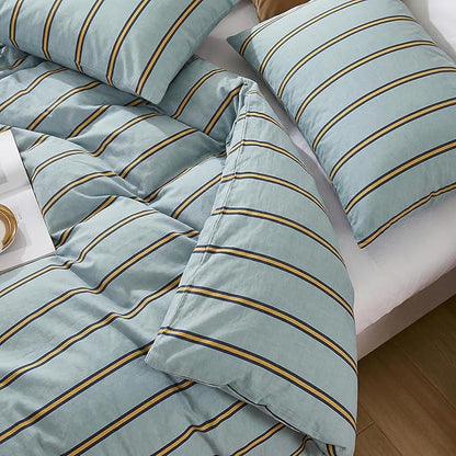 Merryword Green & Orange Striped Duvet Cover Set Queen Size, 100% Cotton Bedding Set with Zipper Closure & 8 Corner Ties, Luxury Linen Like Bedding, Soft Breathable Comforter Cover for All Seasons