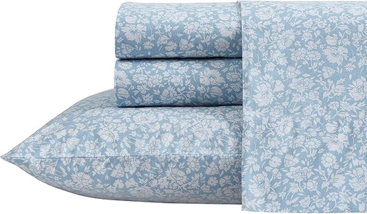 Laura Ashley - Queen Sheets, Cotton Percale Bedding Set, Lightweight & Breathable Home Decor (Heirloom Ditzy Blue, Queen)