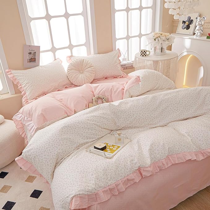 HighBuy Pink Flower Comforter Set Full with Lace Edge Ruffles Coquette Bedding Comforter Fluffy for Teen Girls Reversible Stripes Comforter Set Lightweight Princess Chic Comforter Sets