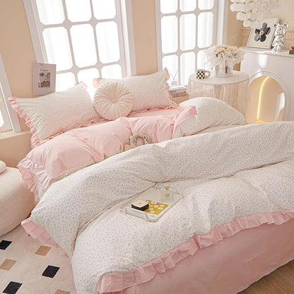 HighBuy Pink Flower Comforter Set Full with Lace Edge Ruffles Coquette Bedding Comforter Fluffy for Teen Girls Reversible Stripes Comforter Set Lightweight Princess Chic Comforter Sets