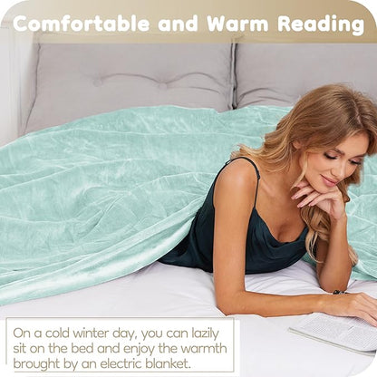 Electric Heated Blanket Queen Size 84"x90", with Dual Control Breathable & Luxurious Flannel, with 4 Heating Levels & 10 Hours Auto-Off, Fast Heating, Machine Washable, for Bedding-Light Green