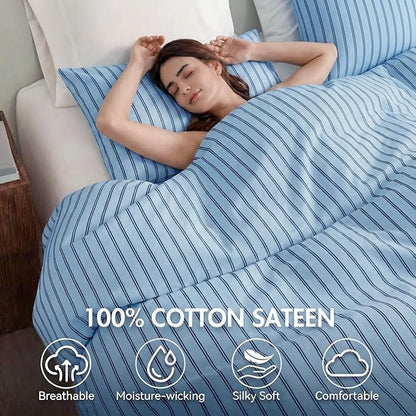 Bedbay Blue Striped Duvet Cover Set Queen Size, 100% Cotton Sateen Bedding Set, Soft Breathable Hotel-Inspired 3 Piece Duvet Cover for All Seasons