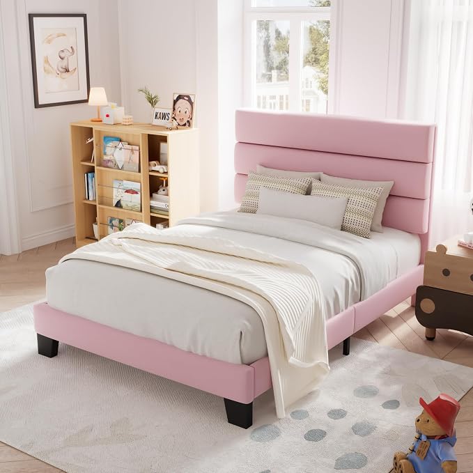Allewie Twin Size Platform Bed Frame with Velvet Upholstered Headboard Pink | Wooden Slats Support, Fully Upholstered Mattress Foundation, No Box Spring Needed, Easy Assembly, Noise-Free, Pink