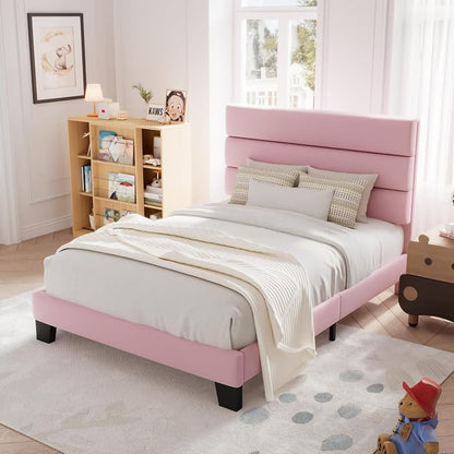 Allewie Twin Size Platform Bed Frame with Velvet Upholstered Headboard Pink | Wooden Slats Support, Fully Upholstered Mattress Foundation, No Box Spring Needed, Easy Assembly, Noise-Free, Pink