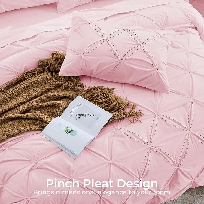 Sasttie California King Comforter Set, 7-Piece Bed in a Bag, Pintuck Bedding Sets for All Season, Includes Comforter, Flat Sheet, Fitted Sheet, Pillowcases and Pillowshams, Baby Pink