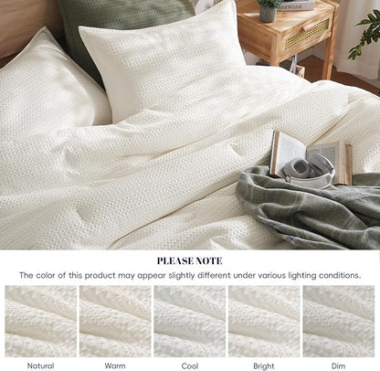 PHF 3 Pieces Cream Waffle Weave Comforter Set King Size - Ultra Soft Textured Waffle Comforter with 2 Pillow Shams, Lightweight Breathable Comfy Bedding Set for All Season, Cream