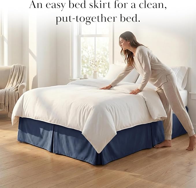 Southshore Fine Living, Inc. Pleated Cal King Bed Skirt 14 Inch Drop, Blue Bed Skirt California King Size, Wrinkle Resistant Microfiber Dust Ruffle, Pet Hair Resistant Bedding, Oeko-Tex, Dark Blue