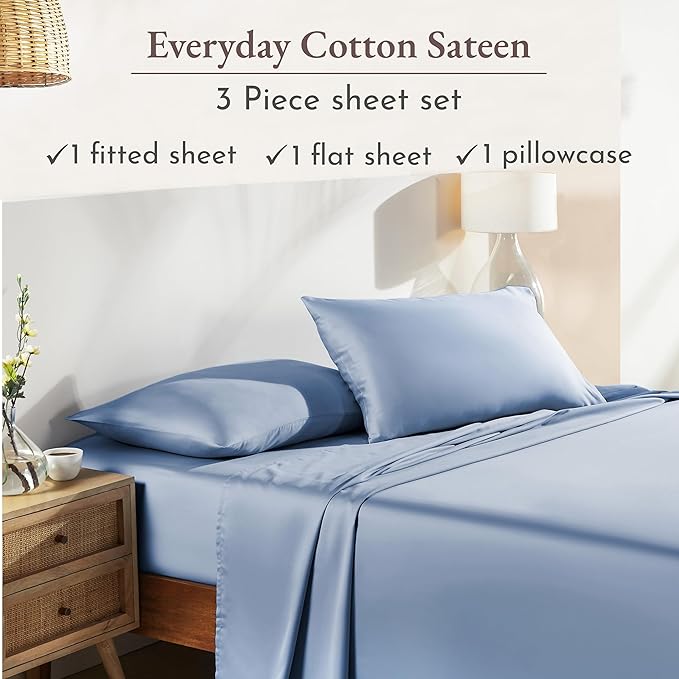 California Design Den Natural 100% Cotton Sheets Twin XL Size Set - Soft Sateen Twin XL Sheet Sets, 12" Pockets, Breathable and Durable Bedding for Dorm Rooms, College (Blue Hydrangea)