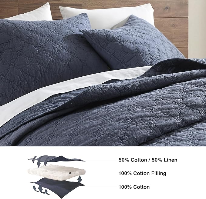 HORIMOTE HOME 55% Linen Front/100% Cotton Back Quilt Set Queen Size, Steel Blue Pre-Washed Cotton Linen Quilt Set, Geometric Stitched Pattern Bedspread Coverlet Bedding Set 3-Piece for All Seasons