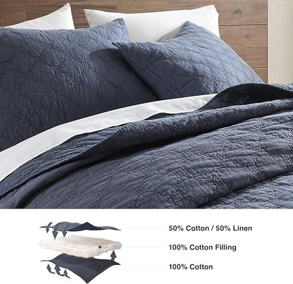 HORIMOTE HOME 55% Linen Front/100% Cotton Back Quilt Set Queen Size, Steel Blue Pre-Washed Cotton Linen Quilt Set, Geometric Stitched Pattern Bedspread Coverlet Bedding Set 3-Piece for All Seasons