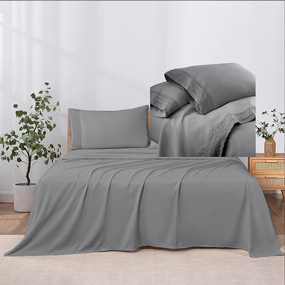 Modern Threads 4 Piece Microfiber Sheet Set – Soft Cooling Bed Sheets with Crochet Lace – Deep Pocket, Wrinkle Free, Breathable, Hotel Luxury Bedding, Charcoal Gray, King