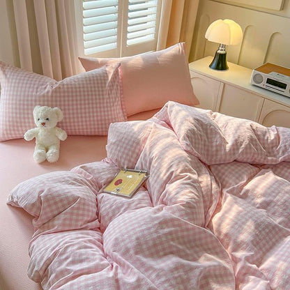 LifeTB Pink Gingham Comforter Set Queen 3 Pieces Plaid Checkered Comforter Set Aesthetic Pink Grid Comforter with 2 Pillowcases Plaid Checkered Pattern Farmhouse Gingham Bedding Set Queen