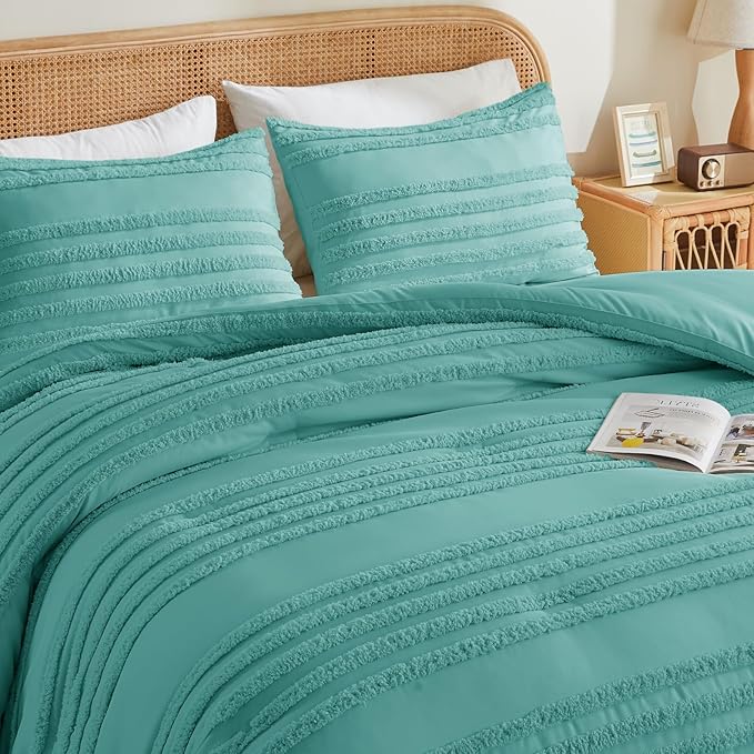 BEDELITE Boho Comforter Set Queen Size, Aqua Tufted Striped Bed Set 3 Pieces, Soft Vintage Farmhouse Comforter for All Seasons, Boho Home Decor,Fluffy Jacquard Bedding with 2 Pillow Shams