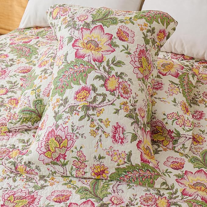Cmfshape Floral Quilt Sets Bedspread Set 100% Cotton Bedding Set, All Season Use Lightweight Reversible Coverlet Quilts with 2 Pillow Shams(Queen 92"x96")