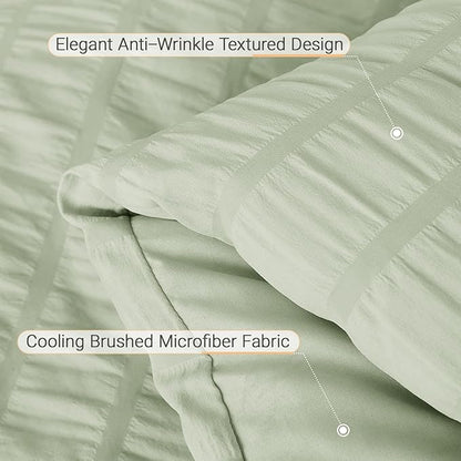 MUXHOMO 7 Pieces California King Comforter Set, Seersucker Bed in a Bag Cal King Size, All Season Luxury Bedding Set with Comforter, Flat Sheet, Fitted Sheet, Pillowcases & Shams, Light Green