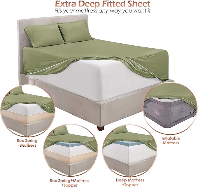 Nestl King Size Sheet Set, 4 Piece Extra Deep Pocket (18-24 inches), Microfiber, Hotel Luxury, Soft, Breathable, Wrinkle-Free, Easy to Care, Sage Green New