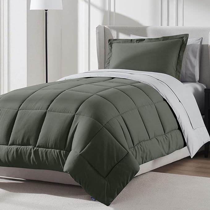 Nestl 5 Piece Twin Comforter Set – Olive Green Reversible Bed in a Bag – Complete Twin Size Bedding Set with Sheets, Pillowcase and Sham