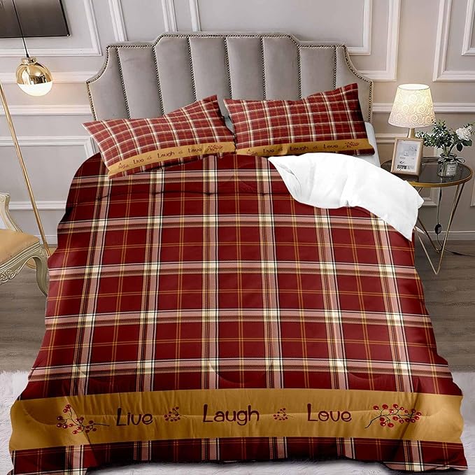 LUVIVIHOME 2PCS Red Gingham Comforter Set Twin Size, Red Berry Check Bed Set, Grid Checkered Quilt, Farmhouse Bedding, Check Primitive Country Rustic Vintage Buffalo Plaid Comforter, 1 Pillow Sham