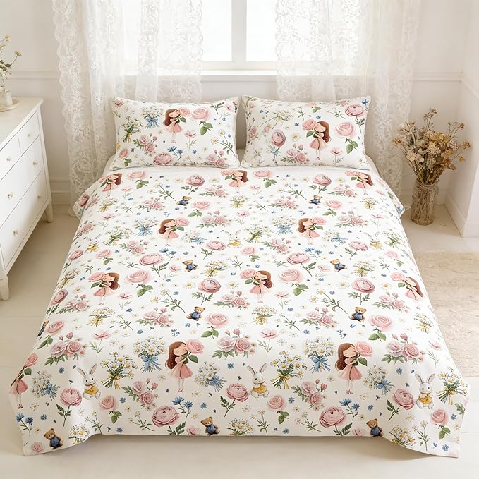 Pink Bed in A Bag Queen for Girls, 5Pcs Pink Rose Bedding for Kids Kawaii Bedroom Decor, Cute Priness Girly Rabbit Bear Comforter Set with 2 Pillowcases, 90"x90"