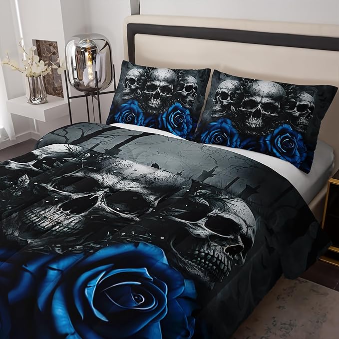 Skull Bedding Set - Twin Size Gothic Skull Comforter Set - Blue & Black Quilt