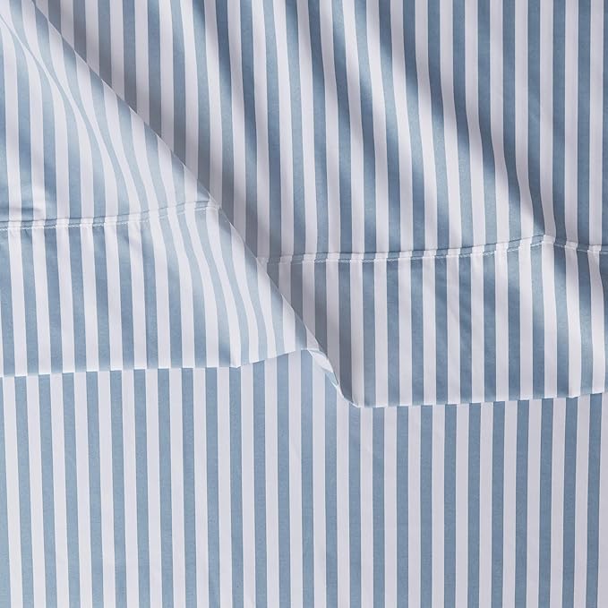 Amazon Basics Lightweight Breathable Super Soft Microfiber 4 Piece Bed Sheet Set, Wrinkle Resistant With 14-inch Deep Pockets - Queen, Dusty Blue Pinstripe, Printed