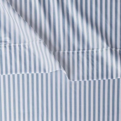 Amazon Basics Lightweight Breathable Super Soft Microfiber 4 Piece Bed Sheet Set, Wrinkle Resistant With 14-inch Deep Pockets - Queen, Dusty Blue Pinstripe, Printed