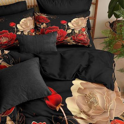 Black and Red Comforter Set Girls King Size Vintage Floral Bedding 3 Pcs Luxury Botanical Flower Quilted Comforter for Elegant Women Bedroom Decor,Red Gold/104"x90"
