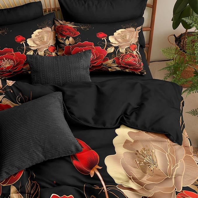 Vintage Floral Comforter Set Queen Size, Black Red Luxurious Penoy Bedding with Golden Leaves for Adult Women, 3Pieces Soft Microfiber Quilted Set with 2 Pillowcase, 90“x90
