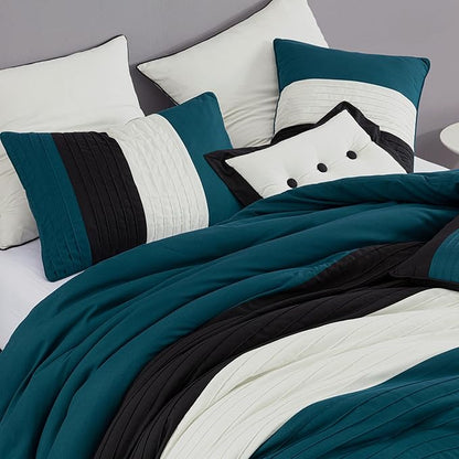 Chezmoi Collection Loft 8-Piece Oversized King Comforter Set, Teal/Black/White Luxury Striped Bedding for All Season